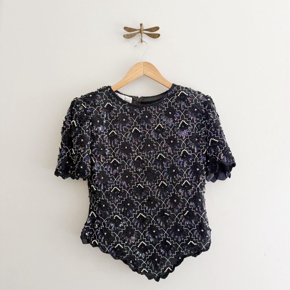 Laurence Kazar Silk Black Beaded Blouse with Iridescent Sequins Vintage